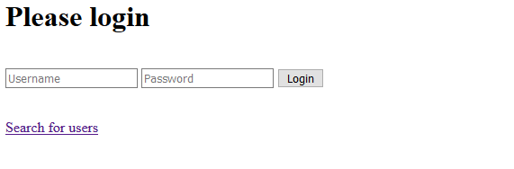 Page saying "Please Login", displaying a username and password field, and a "Search for users" link at the bottom.
